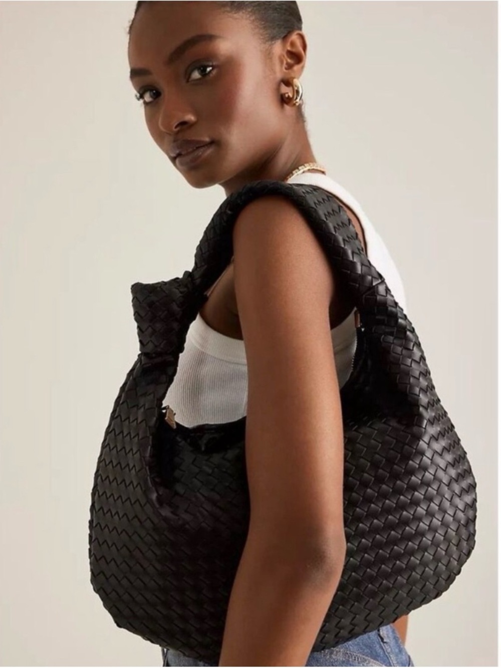 Anthropologie x Melie Bianco Black Woven Knot Handle Hobo Bag
